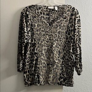 Chico's Black and Cream Leopard-Print V-Neck Tunic with Embroidered Front